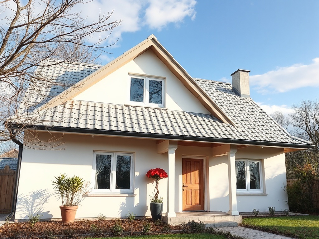Современный дом с черепичной крышей и цветочной клумбой на фоне голубого неба.