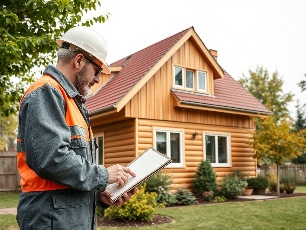 Рабочий в каске и жилетке делает заметки у деревянного дома, окруженного зеленью и деревьями.