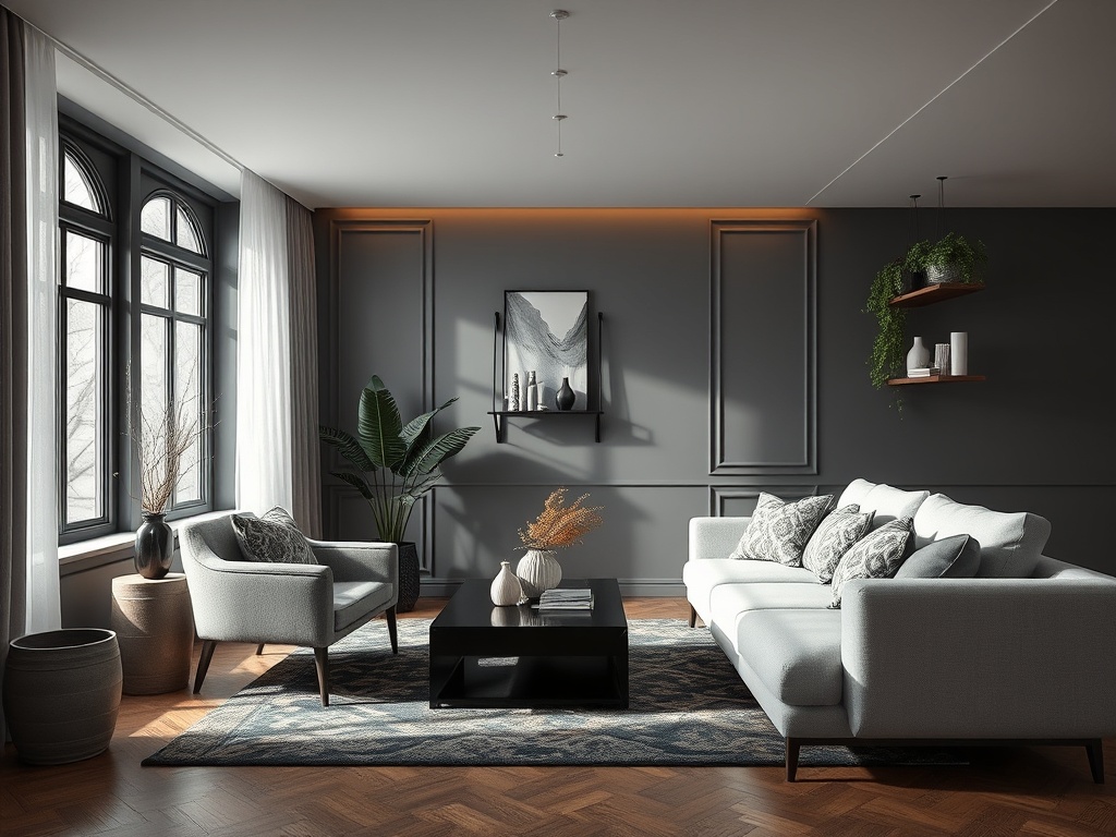 Современная гостиная с серым диваном, креслами, стильным декором и большими окнами.