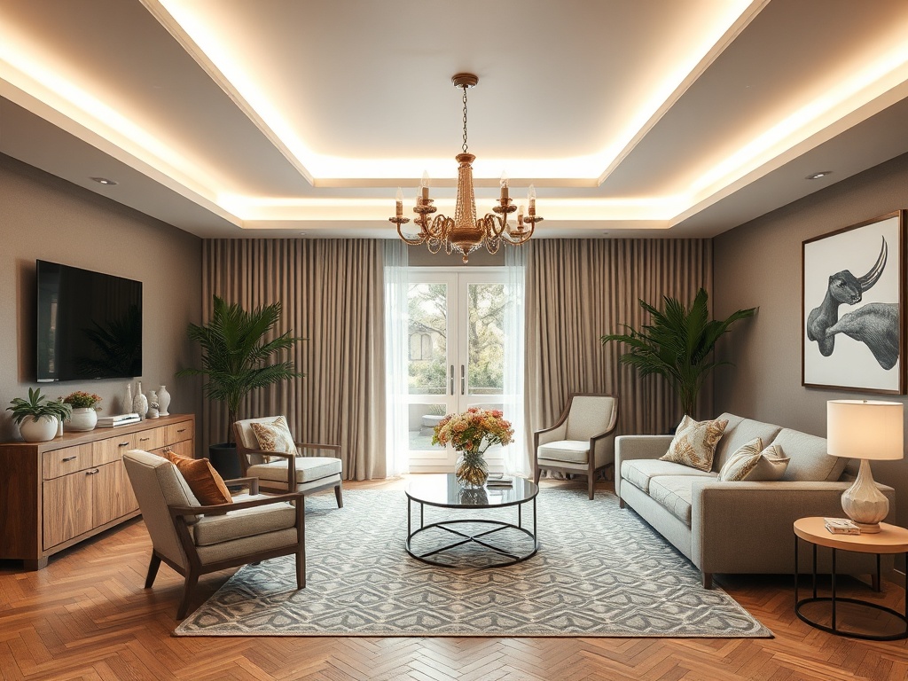 Современный уютный гостиная с диванами, телевизором и большими окнами, наполненная светом и зелёными растениями.