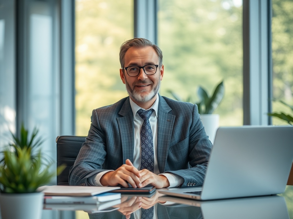 Деловой мужчина в костюме сидит за столом с ноутбуком и улыбается, на заднем плане окна и зелёные растения.