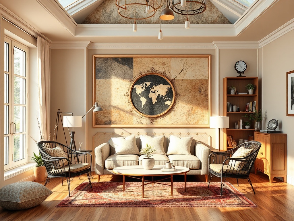 Светлая комната с уютной мебелью, картой мира на стене и большими окнами, пропускающими солнечный свет.