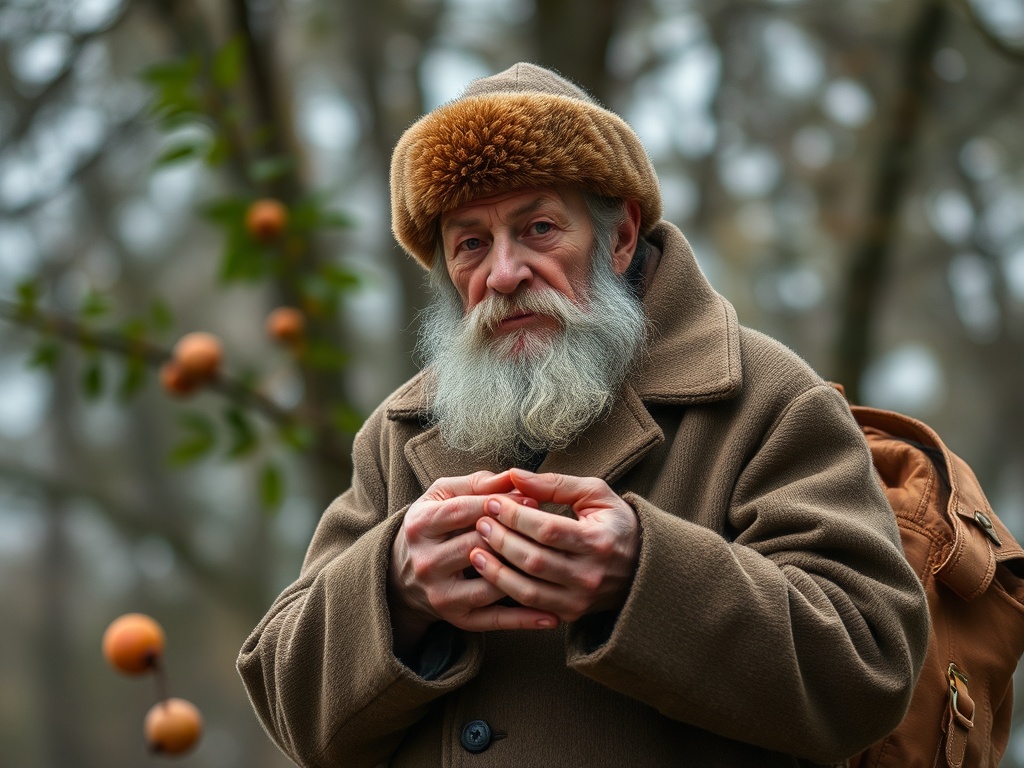 Старший мужчина в шубе держит в руках что-то, на фоне размытых деревьев и зимних плодов.