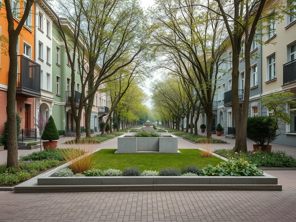 Спокойная улица с домами, деревьями и ухоженным зеленым садом в центре. Тихое и приятное место для прогулок.
