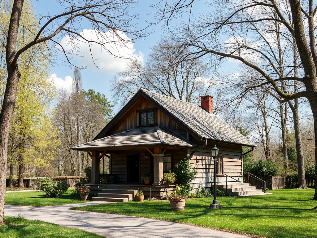 Уютный деревянный дом с двускатной крышей, окруженный зеленью и деревьями. Поляна и тропинка перед ним.