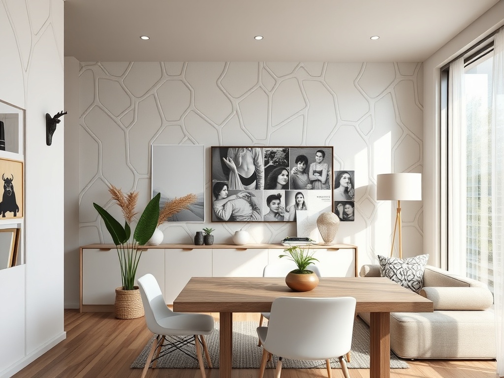 Современный интерьер с деревянным столом, стульями, зелеными растениями и фотографиями на стене.