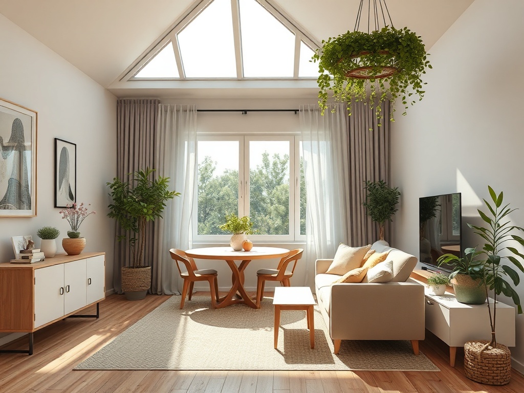 Светлая и уютная гостиная с окном, растениями и современной мебелью, создающая атмосферу домашнего уюта.