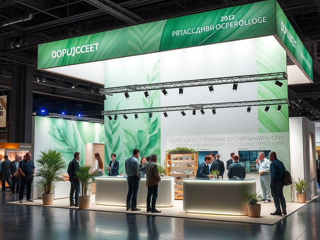 Выставочный стенд с зелеными растительными декорами и людьми, взаимодействующими друг с другом.