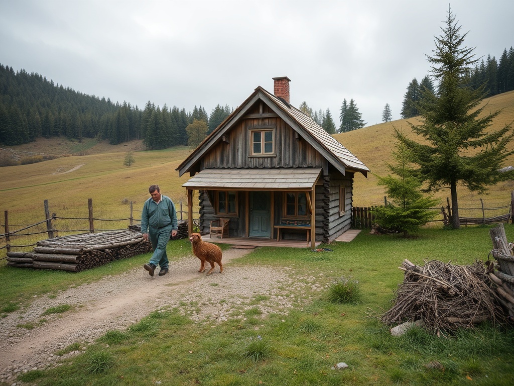 На картине изображена загородная хижина, рядом с которой мужчина гуляет с золотистым ретривером.
