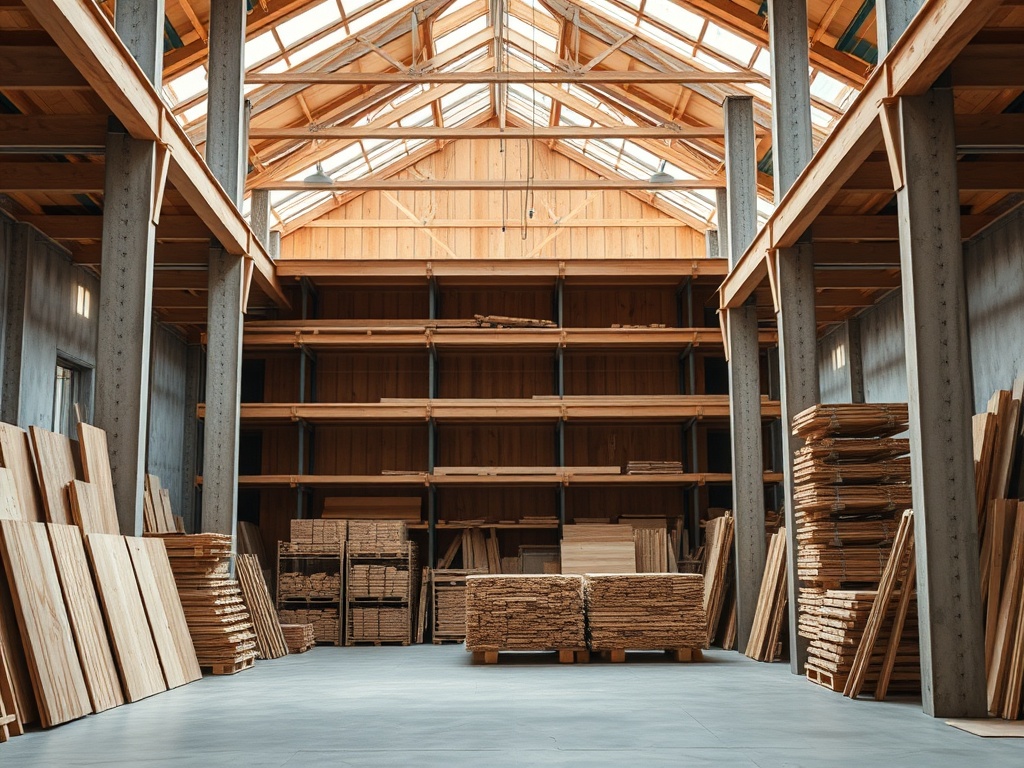 Помещение с деревянными материалами: полки и штабеля брусьев в освещённом пространстве.
