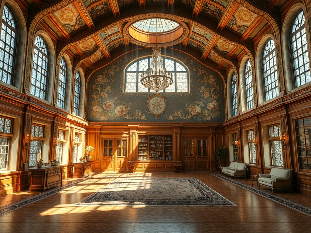 Просторное помещение с великолепным потолком, большими окнами и роскошной люстрой. Интерьер в классическом стиле.