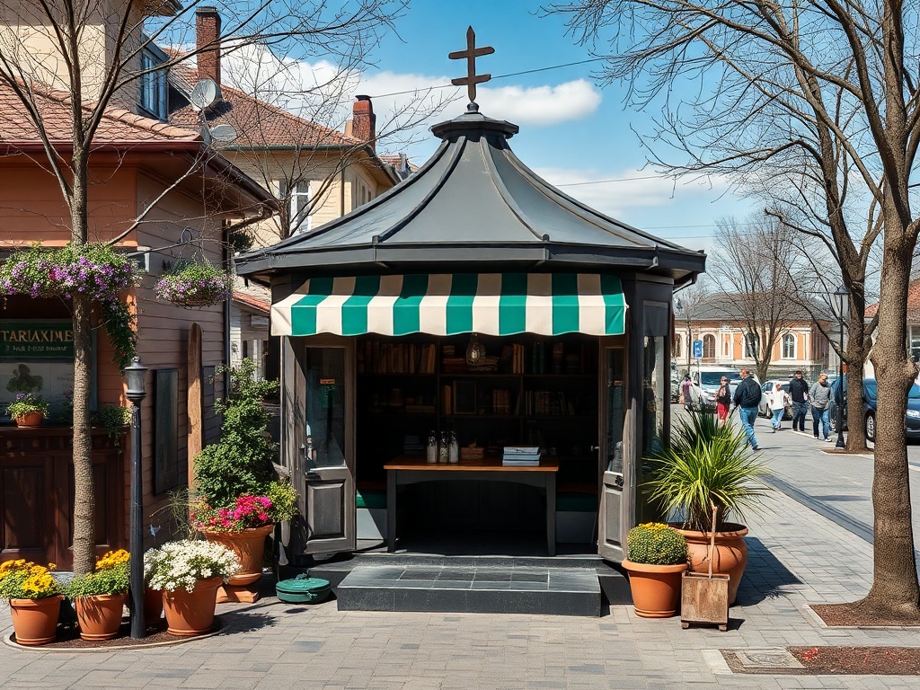 Киоск с книгами под крышей с крестом, окруженный цветочными горшками, на оживленной улице.