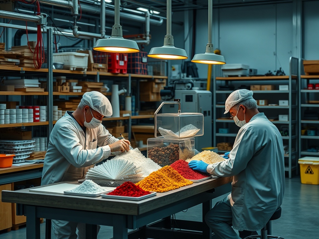 Два человека в защитной одежде работают с приправами на столе в лаборатории или производственном помещении.