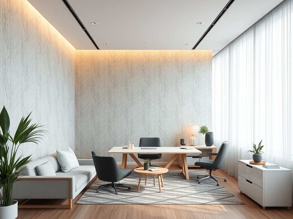 Современный офис с светлыми стенами, уютной мебелью и растениями для создания комфортной атмосферы.