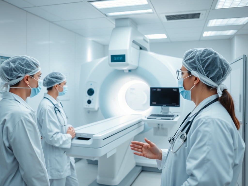 Врач обсуждает диагностику с коллегами в современном медицинском центре рядом с аппаратурой.