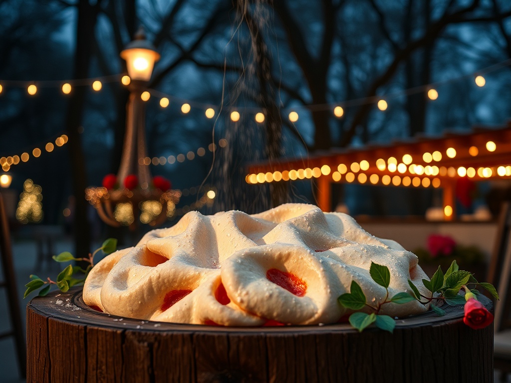 На деревянной поверхности расположено безе с вишней, украшенное зеленью, на фоне начинающих огней вечера.