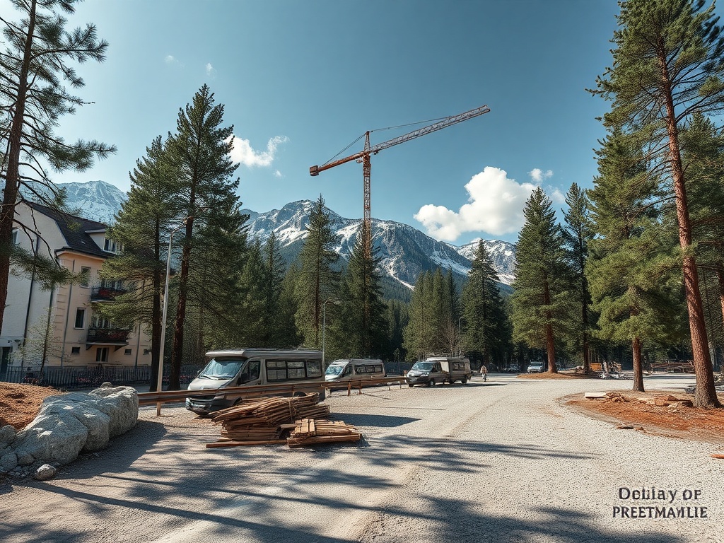 Строительная площадка на фоне гор, леса и облачного неба. Автомобили и строительные материалы рядом.