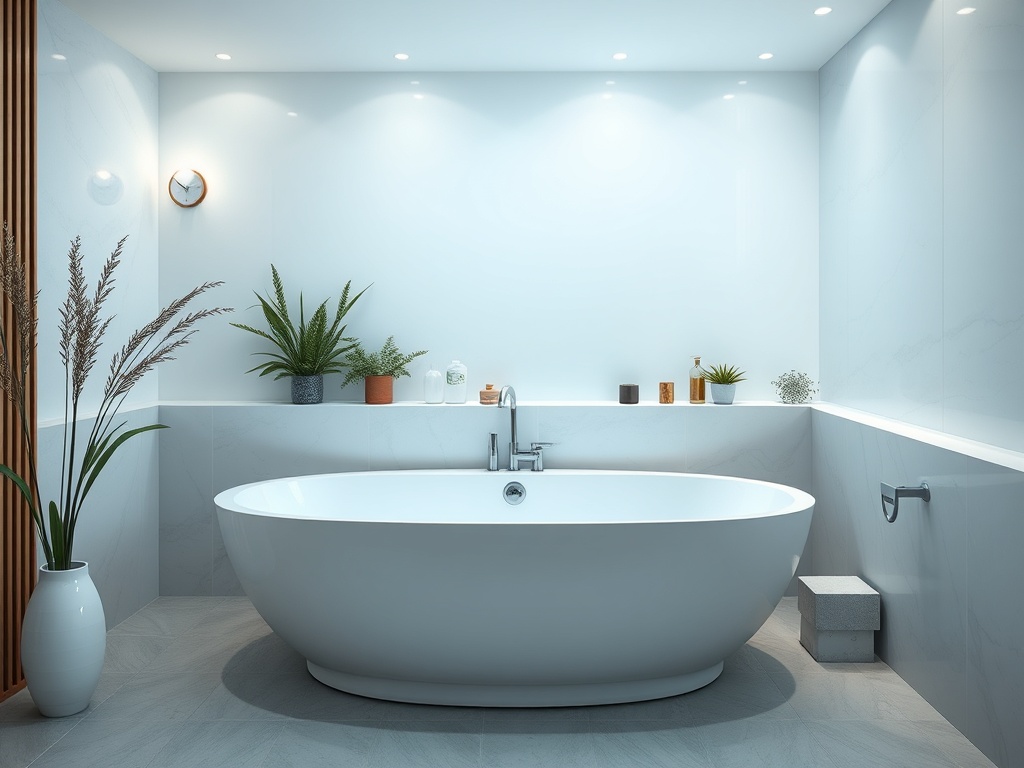 Современная ванная комната с круглой ванной, светлыми стенами и зелеными растениями на подоконнике.