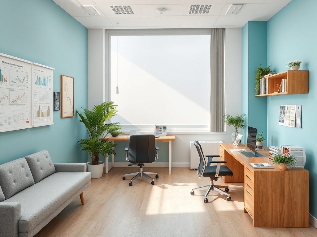 Современный офис с двумя рабочими местами, уютным диваном и растениями на фоне ярких стен.