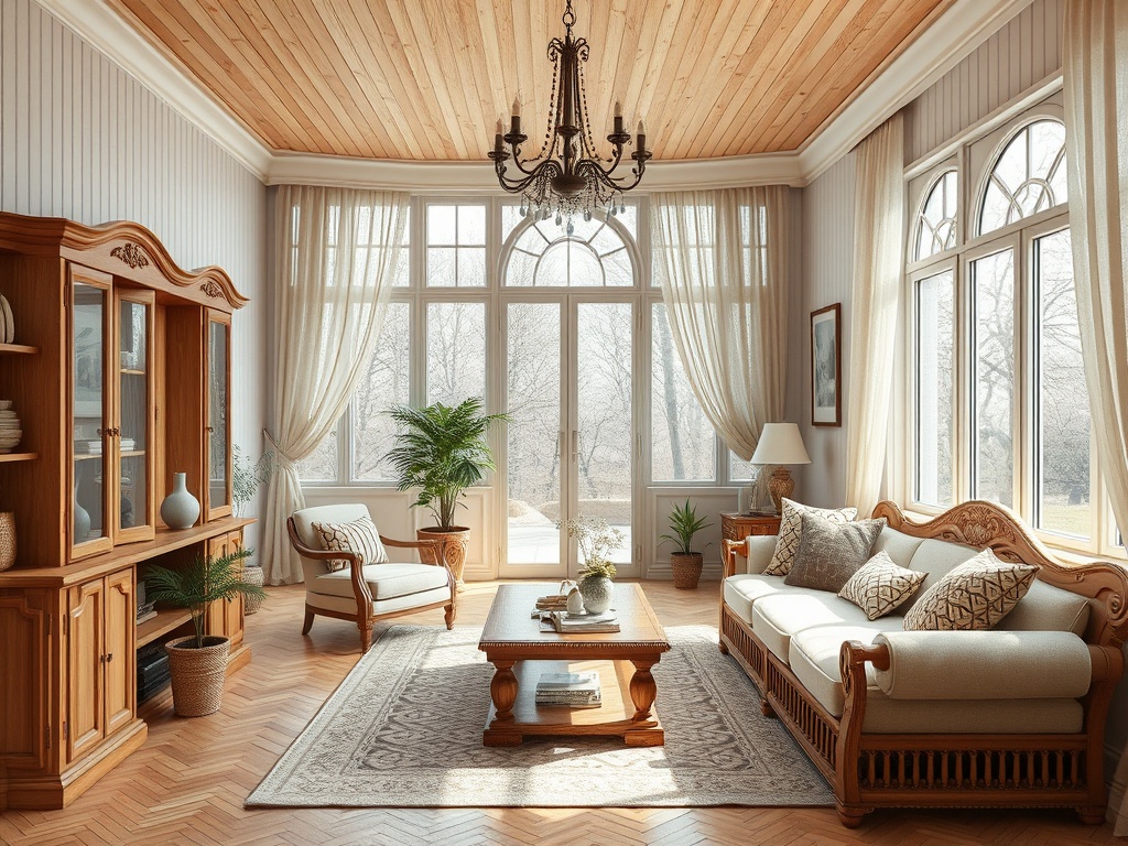 Светлая гостиная с деревянным потолком, уютной мебелью и большими окнами, создающими атмосферу уюта.