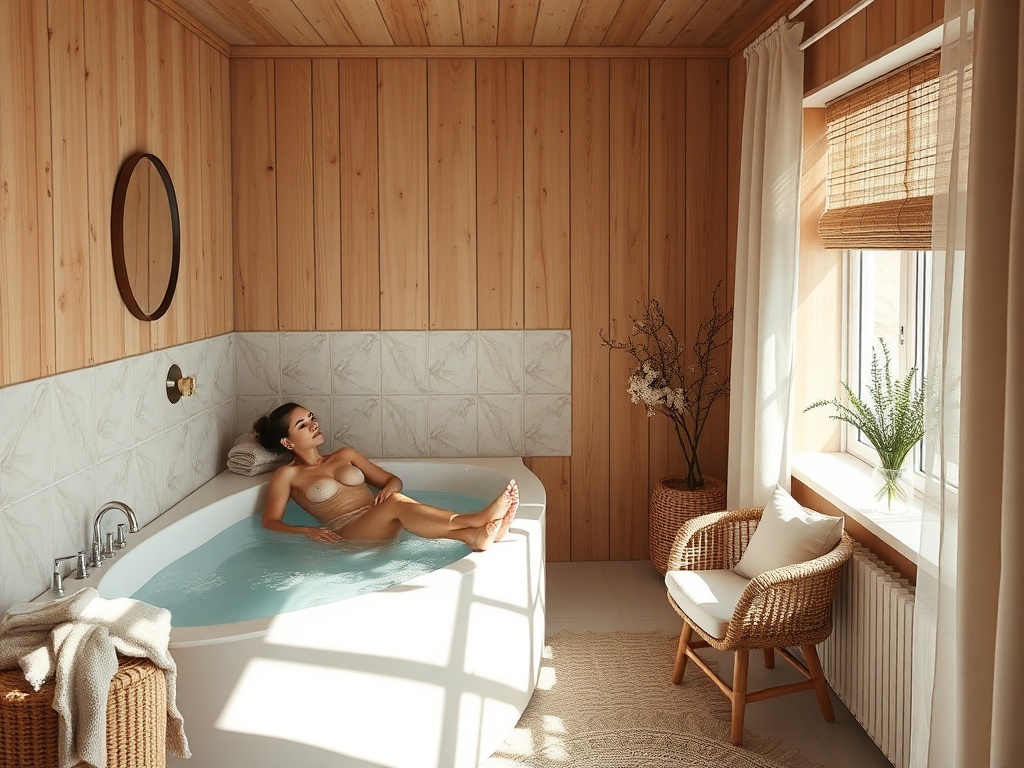 Женщина лежит в ванной в светлом интерьере, окруженном деревом и растениями. Атмосфера расслабления.