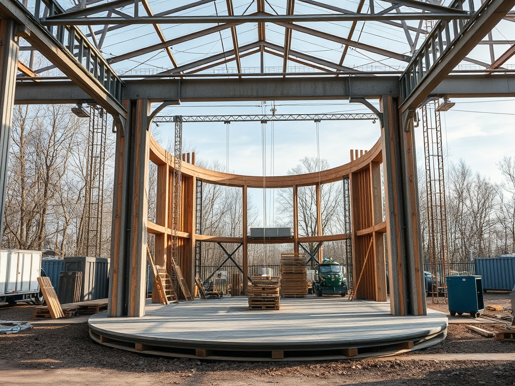Строительство здания: круглая платформа, деревянные и металлические конструкции, строительные материалы вокруг.