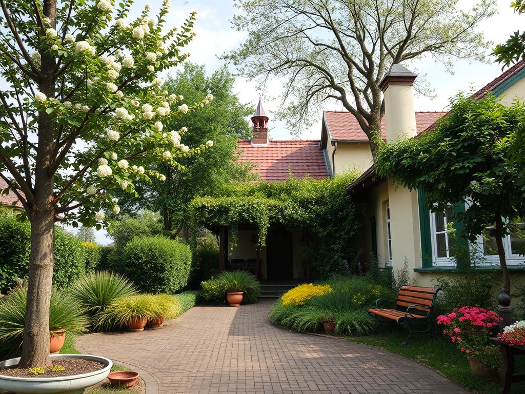 Красивый сад с зелеными растениями, цветами и домом с крышей в красных черепицах. Спокойное место для отдыха.