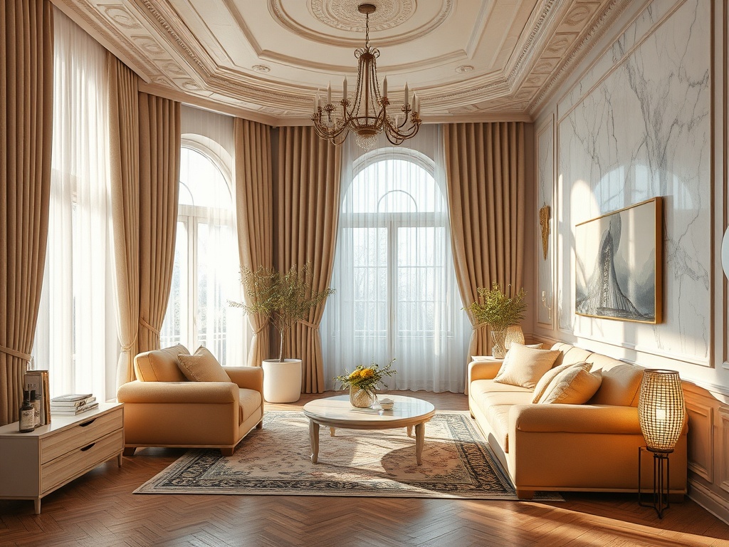 Светлая гостиная с большими окнами, мягкой мебелью и роскошными шторами. Уютная атмосфера и элегантный дизайн.