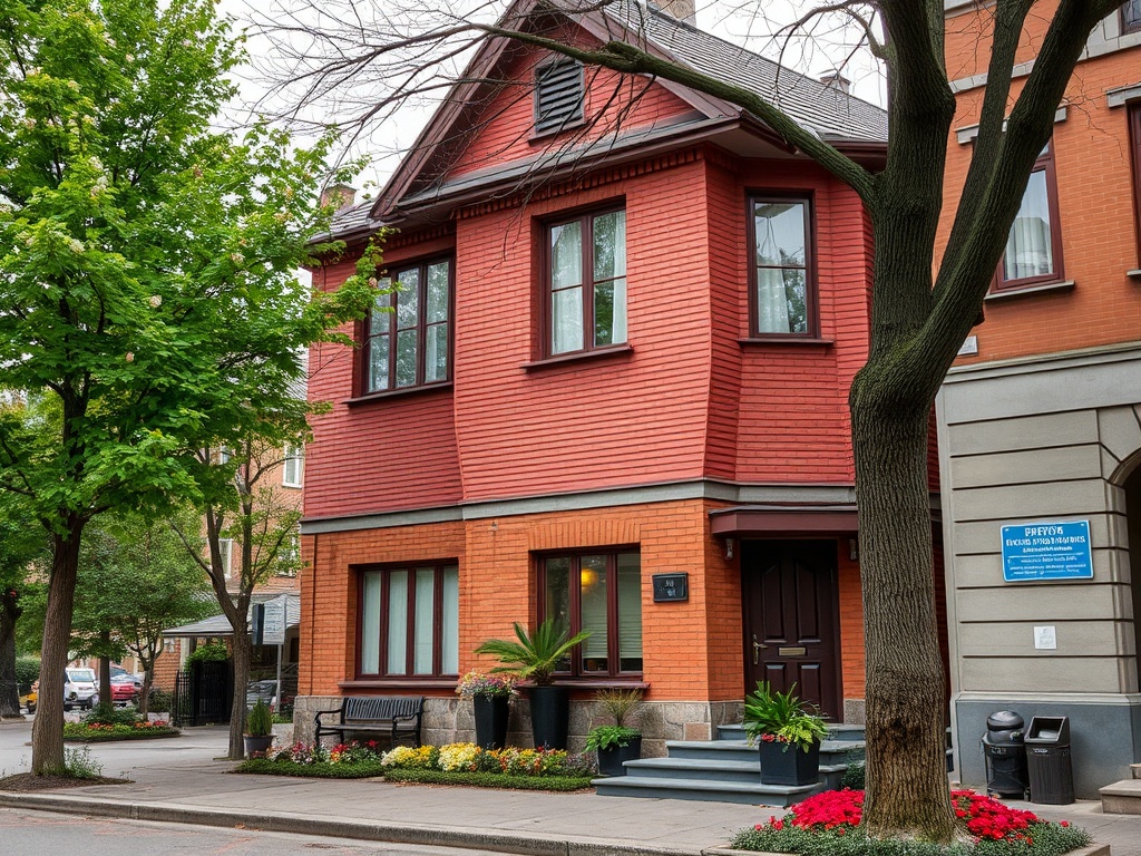 Красивый дом с красной фасадной штукатуркой, зелеными деревьями и цветами на улице.