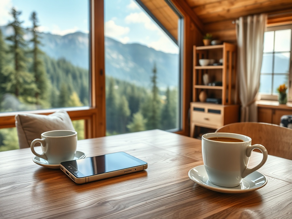 На столе стоят две чашки с кофе и телефон, за окном красивый горный пейзаж.