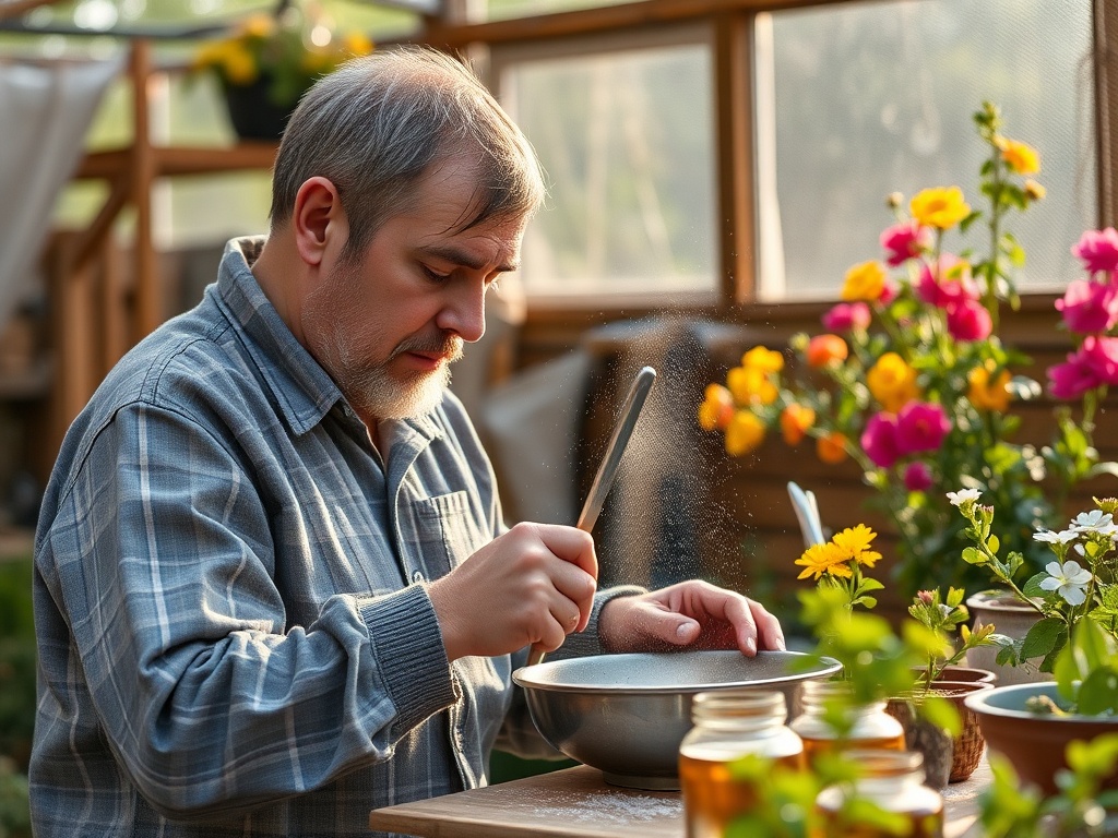 Мужчина готовит в саду, смешивая ингредиенты в миске среди цветущих растений и банок с медом.