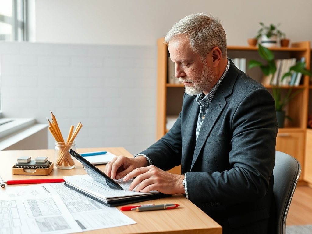 Человек в костюме работает за столом, читая документы и используя планшет. В окружении канцелярские принадлежности.