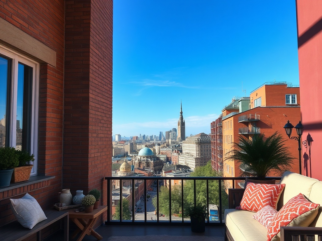 Балкон с уютной мебелью, открывающий вид на город и небоскребы под ясным голубым небом.