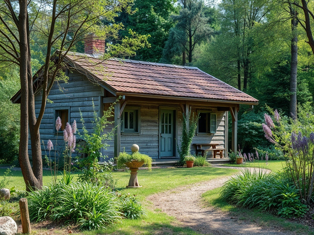 Старый деревянный домик с крышей из черепицы, окруженный зелёными насаждениями и цветами в тихом лесу.