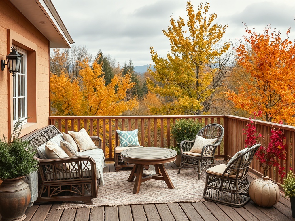 Уютная терраса с мебелью, окруженная осенними деревьями с яркими листьями и облачным небом.