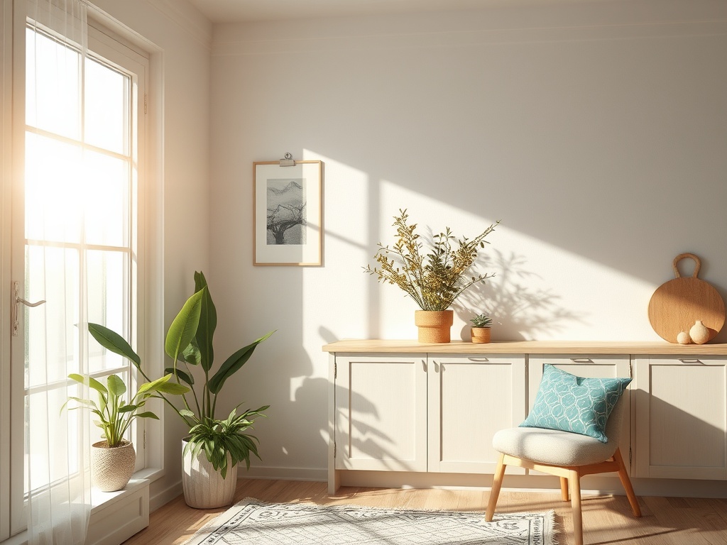 Светлая комната с растениями, комодом и стулом, залитая солнечным светом. Спокойная и уютная атмосфера.